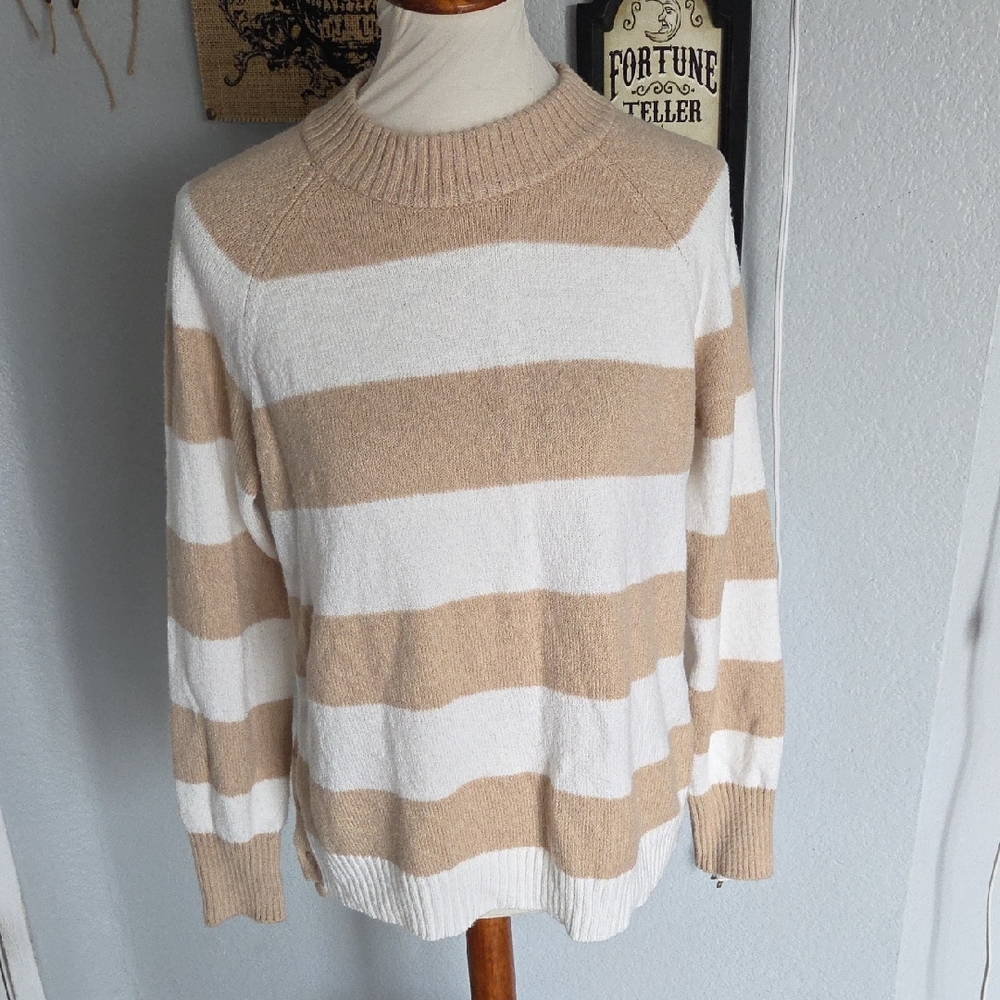 Time & True Beige and White Striped Women's Sweater Large